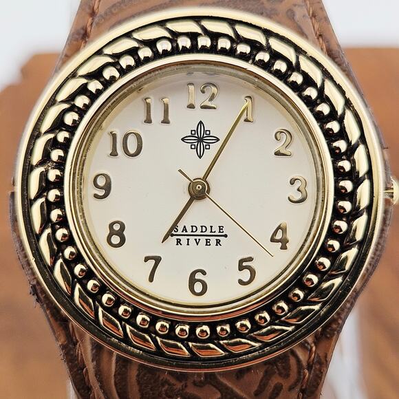 Saddle River Women's Ornate Cuff Watch Brown Tooled Leather Southwestern Boho - Picture 2 of 7